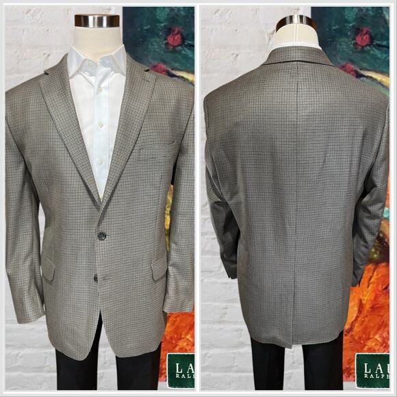 Ralph Lauren LRL Mens 48L Tan Brown Houndstooth Silk Wool Blazer Sport Jacket - Picture 6 of 14
